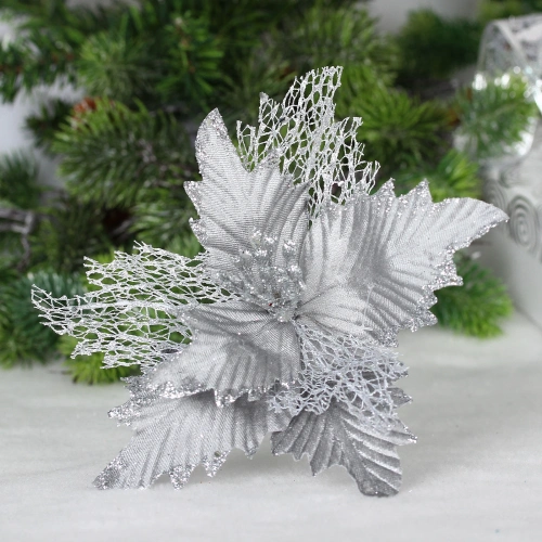 Украшение новогоднее "Пуансеттия - Сказка" 23 см, Серебро