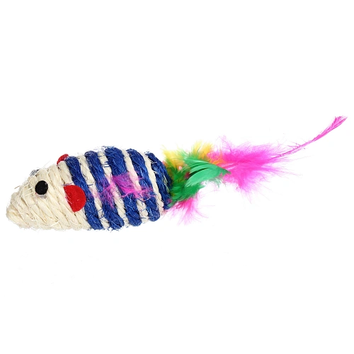 Игрушка - мышка для кошек ЦЕПКИЕ ЛАПКИ, канатная с пёрышками, микс 3 цвета, 73,5см (пакет с хедером)_4