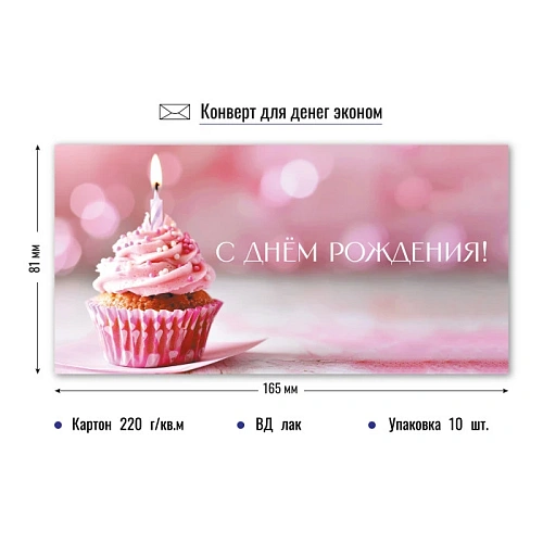 Конверт для денег эконом с днем рождения "Капкейк со свечкой"