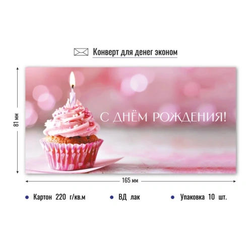 Конверт для денег эконом с днем рождения "Капкейк со свечкой"