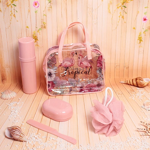 Набор банный дорожный 4шт Traveler-Фламинго, цв розовый, (мочалка, футляр 2шт, расческа), 20167_5