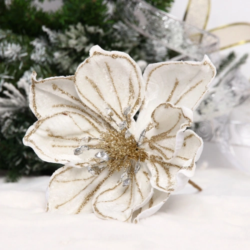 Украшение новогоднее "Пуансеттия - Изящное волшебство" 22 см, Белый/шампань